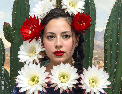 Wallpaper Mural Portrait of a woman adorned with vibrant flowers amongst cacti backdrop Torontodigital.ca