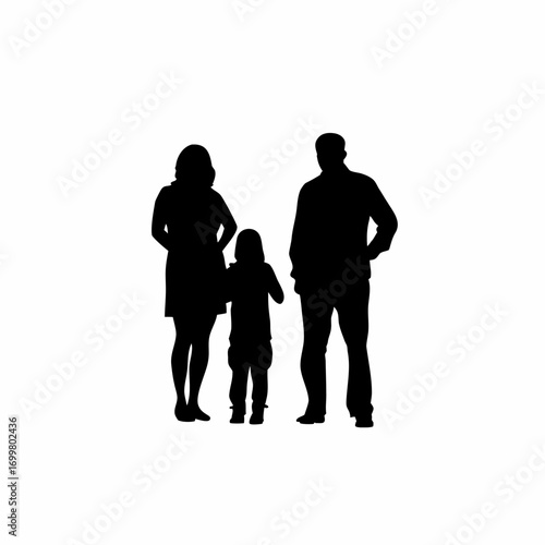 Silhouette of parents signing adoption papers for a child isolated on white background