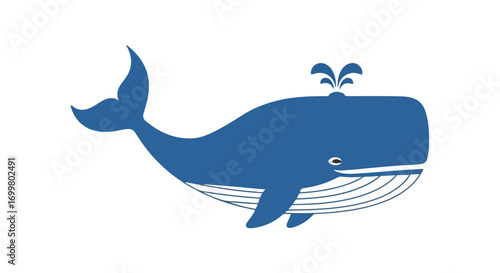 Whimsical blue whale vector illustration with stylized water spout and clean lines evoking nautical charm and simple design aesthetic