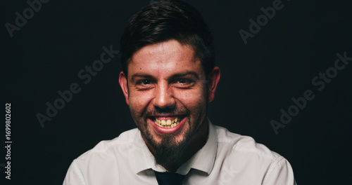 Foto Portrait, psychology or man in studio with bipolar, dark or isolated background for mental health