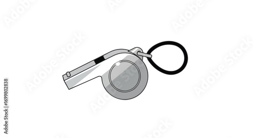 Monochrome illustration of a classic whistle with a looped cord, rendered in simple grayscale tones against a blank backdrop, showcasing sports