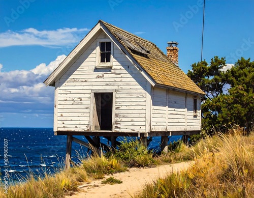 Wallpaper Mural Quaint perched cottage overlooking vast ocean, evokes rustic charm and remoteness Torontodigital.ca
