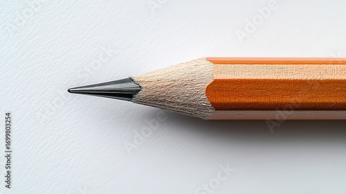 Pencil writing on white paper close-up, tip and wooden handle detail, top view minimalist high-resolution photography