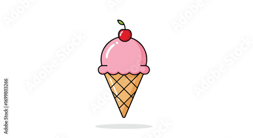 Stylized pink ice cream cone with cherry, perfect for summer treats illustration and design projects showing cute sweetness and simplicity