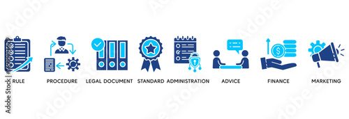 Guideline icon set in Blue style Flat vector illustration concept relate to  rule, procedure, legal document, standard, administration, advice, finance, marketing