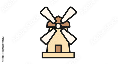 Illustration of a charming beige windmill with brown details, standing against a pristine white backdrop emphasizing its simplistic form and subtle