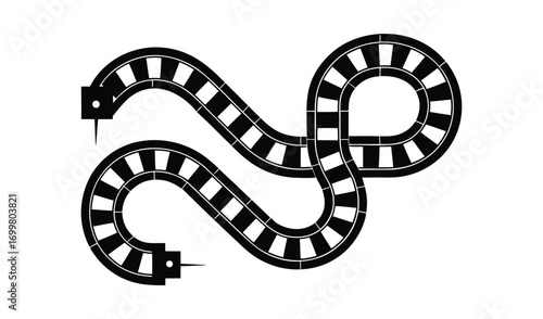 Abstract black and white illustration of a winding roller coaster track