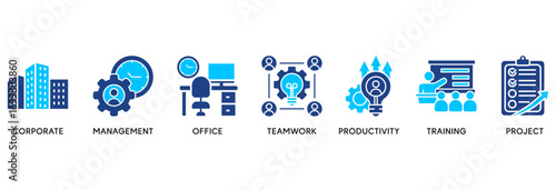 Corporate management icon set in Blue style Flat vector illustration concept relate to  corporate, management, office, teamwork, productivity, training and project