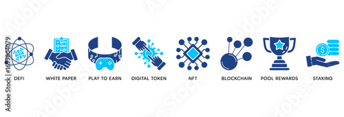Gamefi icon set in Blue style Flat vector illustration concept relate to  defi, white paper, play to earn, digital token, nft, blockchain, pool rewards and staking