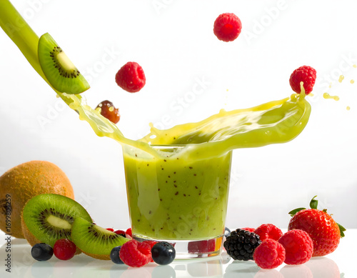 Fresh Fruit Smoothie Poured into Glass with Falling Garnish and Motion Blur Effect