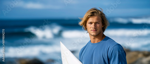 Ride the Waves: A surfer standing proudly at the seashore with the surfboard, embodying the essence of surfing lifestyle. Embracing the power and beauty of the ocean, a symbol of adventure, freedom.