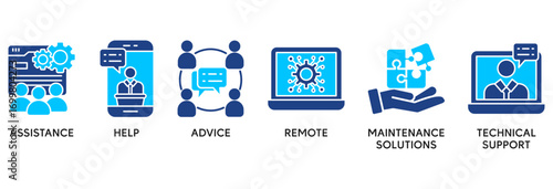 IT Expert icon set in Blue style Flat vector illustration concept relate to  assistance, help, advice, remote maintenance, solutions and technical support