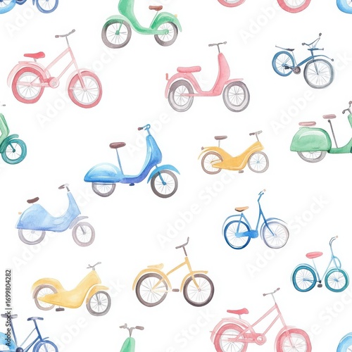 Pastel Watercolor Seamless Pattern of Bicycles and Scooters