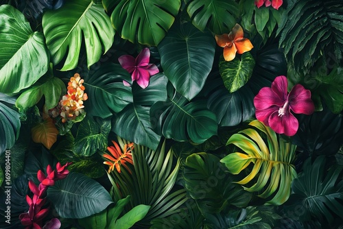 Wallpaper Mural A vibrant jungle scene with colorful tropical leaves, deep green monstera and ferns intertwined, exotic flowers peeking through, dreamy lighting Torontodigital.ca