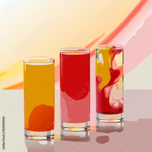 Three vibrant glasses of beverages, showcasing a gradient drink, a two-toned liquid, and a dynamic mix of swirling colors, against a soft, colorful background. Perfect for cocktail and juice themes.