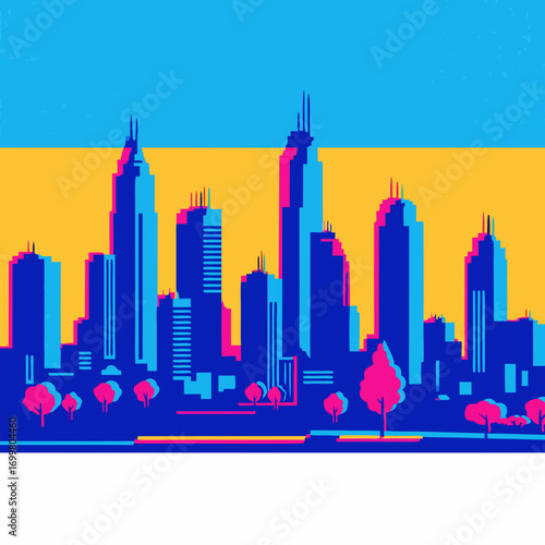 A graphic vector illustration of a modern city skyline with skyscrapers. This urban landscape features a retro grain texture and a vibrant, chromatic glitch color effect.