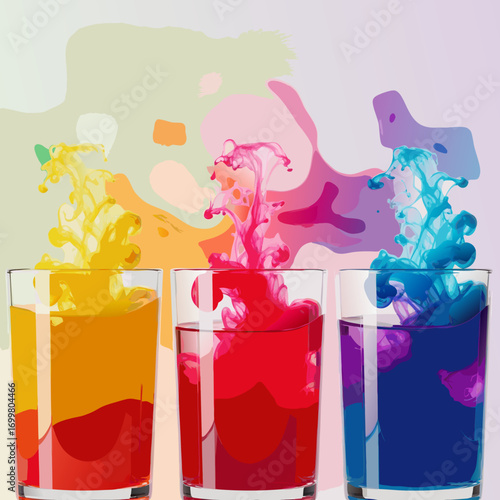 Three glasses of water with colorful ink dropped inside, creating beautiful abstract plumes and clouds. A dynamic and artistic concept of mixing colors in liquid.