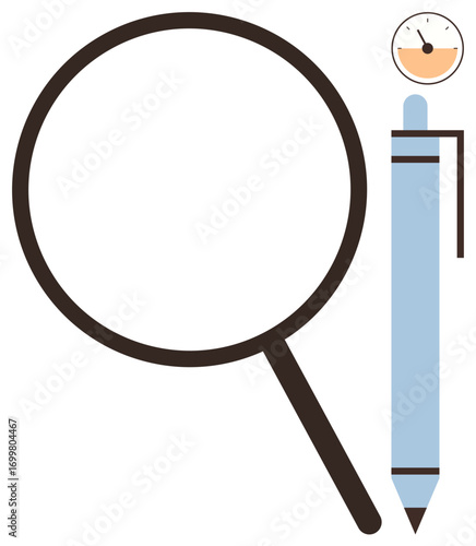 Magnifying glass with pen and analog timer focuses on detail, analysis, and time management. Ideal for research, scrutiny, precision, organization, productivity monitoring study. Simple flat