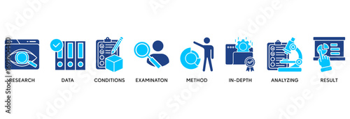 Case study icon set in Blue style Flat vector illustration concept relate to  research, data, conditions, examination, method, in-depth, analyzing, and result