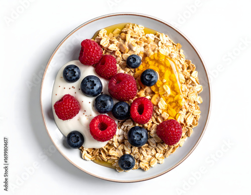 Healthy Breakfast Plate with Oats, Berries, Yogurt, and Honey Drizzle Overhead Isolated on White