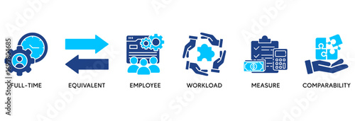 FTE icon set in Blue style Flat vector illustration concept relate to  full time equivalent with icon of full-time, equivalent, employee, workload, measure and comparability