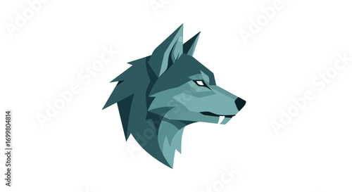 Stylized polygonal wolf head with sharp angles and cool muted blue-green color palette isolated on a white background