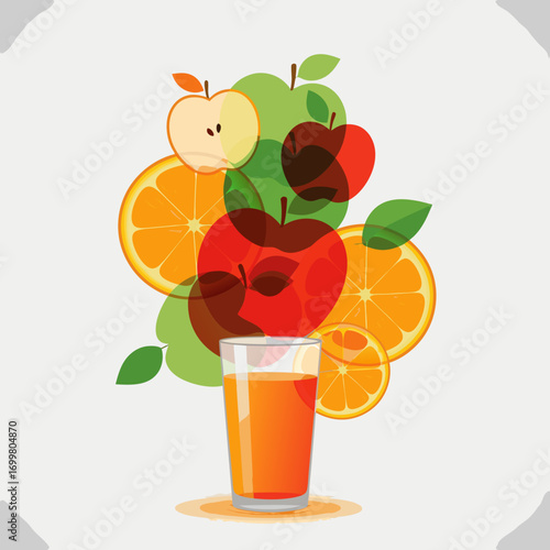 A vibrant vector illustration of various fruits like apples and oranges, artfully arranged around a glass of fresh juice, perfect for healthy lifestyle themes.