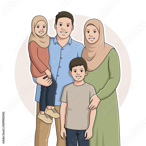 Cartoon illustration of a happy muslim family of father mother daughter and son