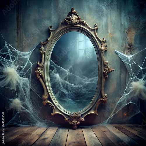 Antique ornate mirror shrouded in cobwebs in a dimly lit. haunted looking room. Mysterious. foggy reflection with a window view.