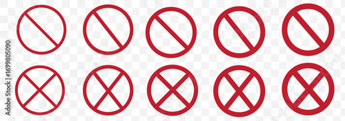 Set of red prohibition sign vector icons for signs, Disallowed or no symbol for public. Vector illustration