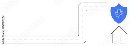 Curved road ends at a house protected by blue shield with fingerprint. Ideal for security, protection, safety, technology, privacy, home planning, digital safety. Simple flat metaphor