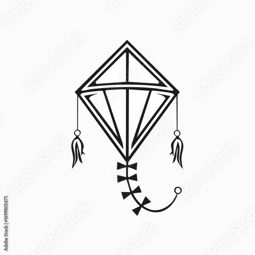 Elegant black and white kite outline, a minimalist vector graphic symbolizing freedom, play, and soaring aspirations