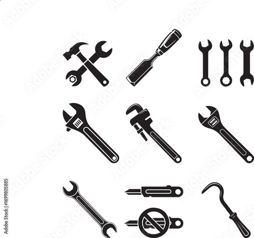 Collection of hand tool silhouettes hammer wrench screwdriver crowbar and more