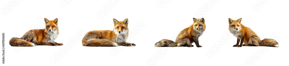 Obraz premium Four red foxes with bushy tails isolated on a transparent background, cut out