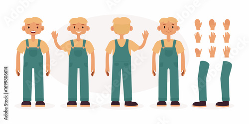 Cartoon character builder with different body parts and poses for animation and design