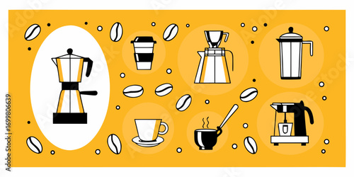 Collection of stylized coffee making equipment and beans on a yellow background