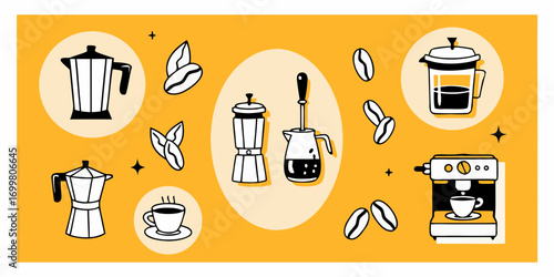 Collection of hand drawn coffee making equipment and beans on a yellow background