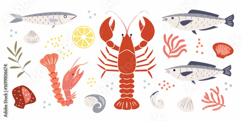 Collection of stylized seafood illustrations including lobster shrimp fish seashells and lemon on white background