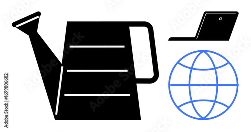 Black watering can, laptop, and blue globe outline signify nurturing growth, digital innovation, and global networking. Ideal for sustainability, education, environment, communication technology