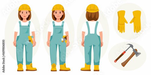 Female construction worker in overalls and hard hat shown from front and back with tools and safety gear