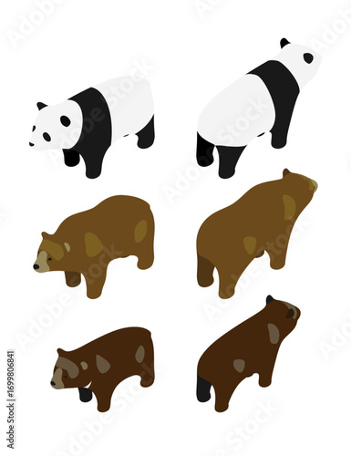 Isometric vector set of three bear variations, left and right facing pairs, panda coloration, brown fur, dark brown fur illustration
アイソメトリックベクター 熊のバリエーション3種 左右向きのペア パンダ配色 茶色の毛 濃茶色の毛 イラスト