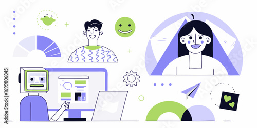 Modern flat illustration of people and robot interacting with technology and data visualization elements