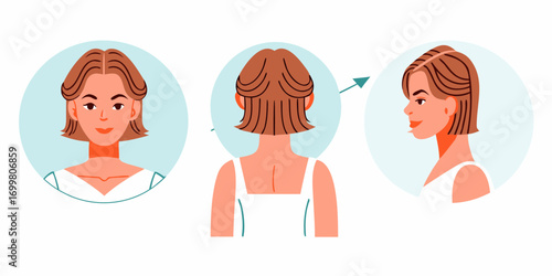 Illustration of a woman s short bob haircut shown from the front back and side views