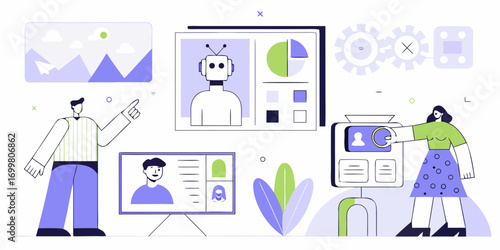 Modern illustration of people interacting with technology and artificial intelligence concepts