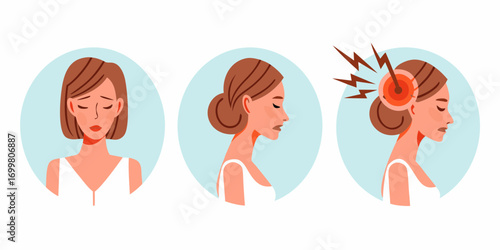 Woman experiencing headache pain and discomfort stages illustrated in three circular panels