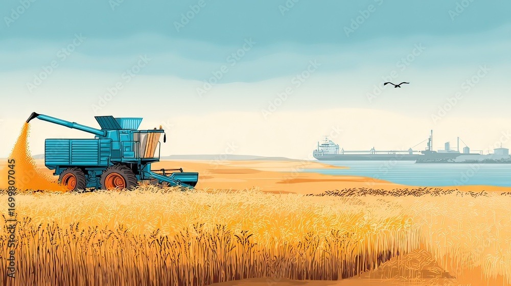 Obraz premium Harvest Season in Agricultural Landscape with Modern Combine Harvester