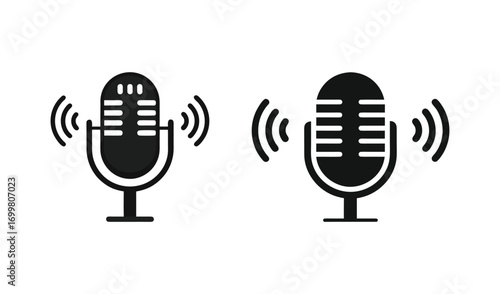 Two retro microphones with sound waves icon set