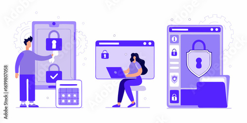 Digital security and data protection concepts with people interacting with locked devices and files