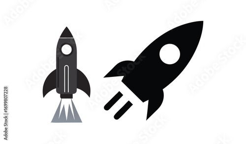 Two black rocket ship icons in silhouette against a white background