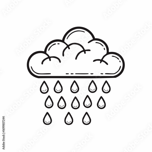 Simple, hand-drawn illustration of a cloud raining droplets, representing weather and precipitation